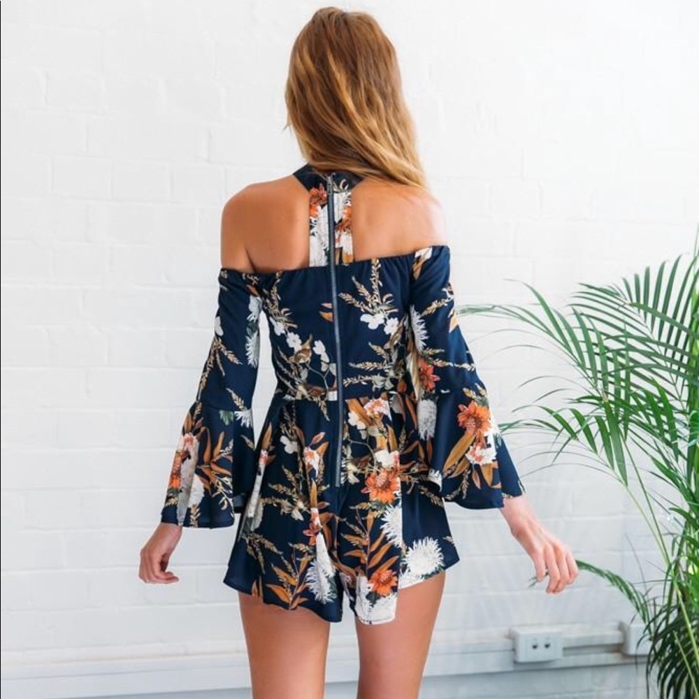 Navy Blue Floral Print Choker Romper Playsuit - Picture 5 of 6